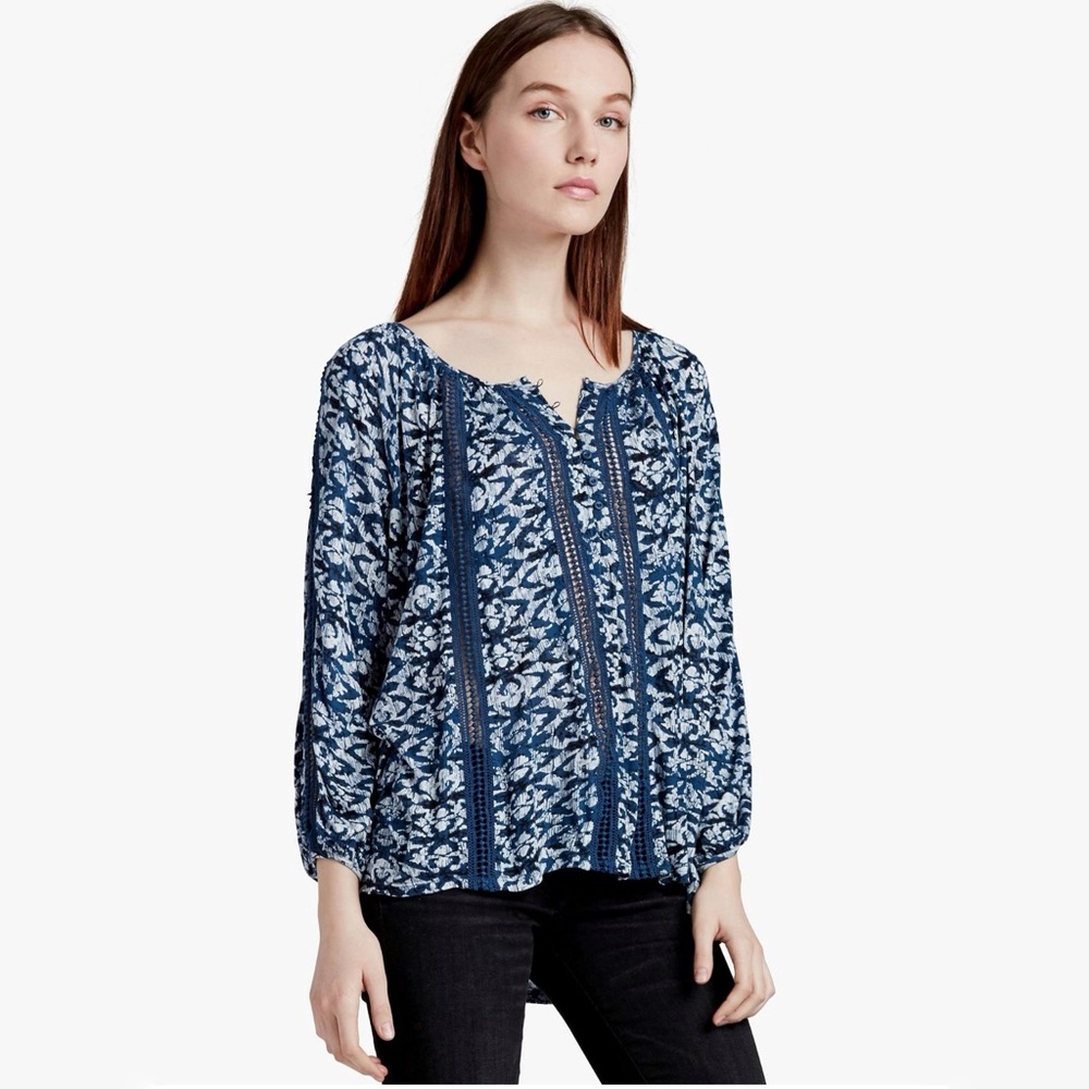Lucky Brand Printed Knit and Lace Top in Navy